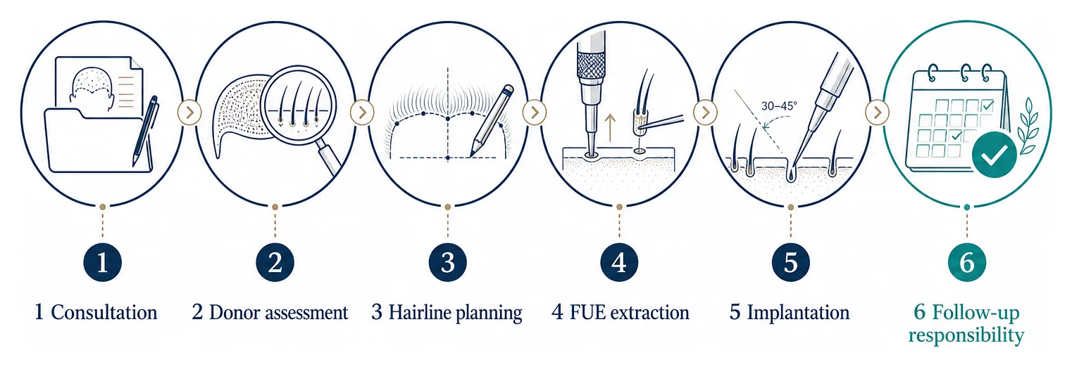 Six-step FUE training workflow: consultation, donor assessment, hairline planning, FUE extraction, implantation and follow-up responsibility