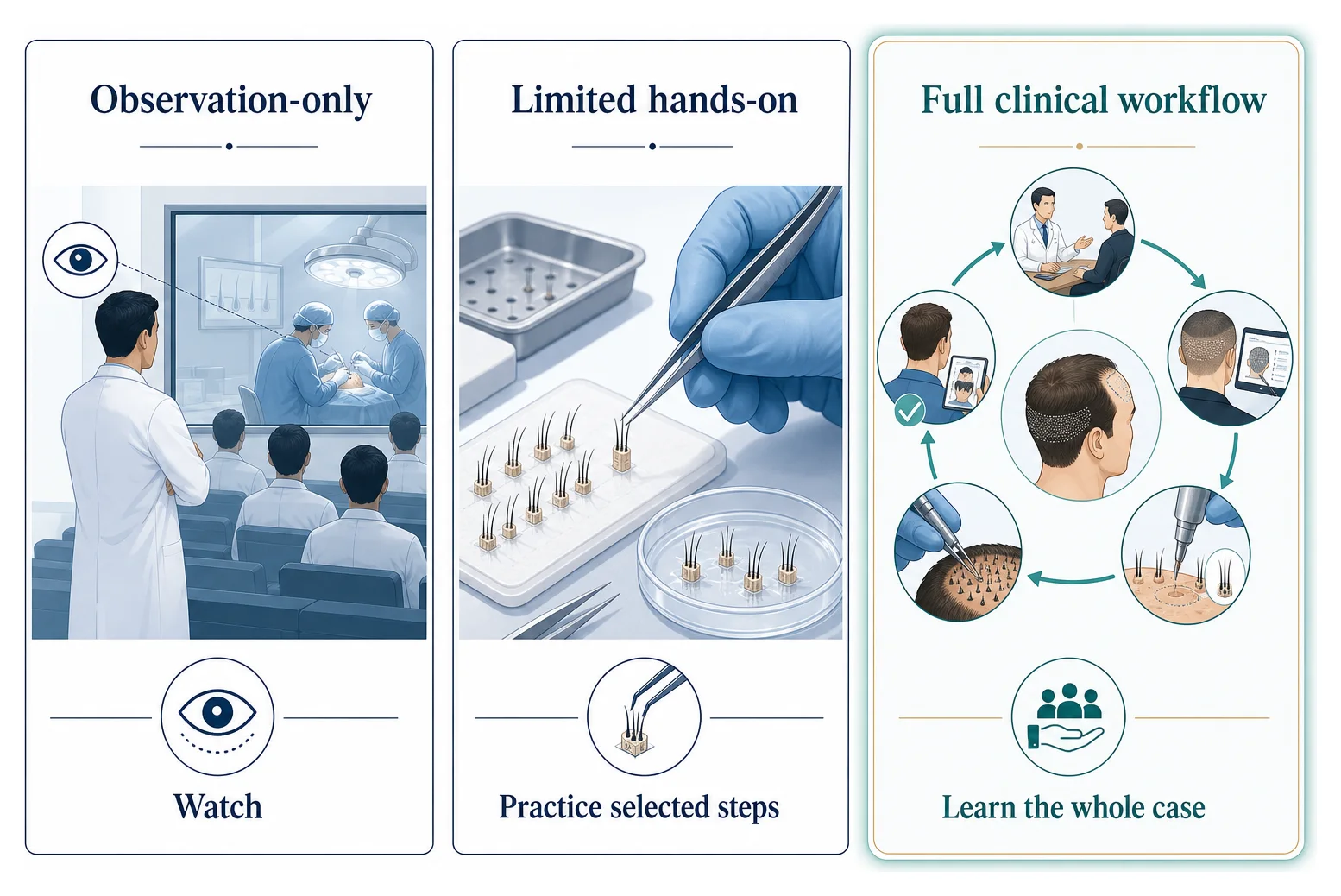 Comparison of FUE training formats: observation-only, limited hands-on and full clinical workflow